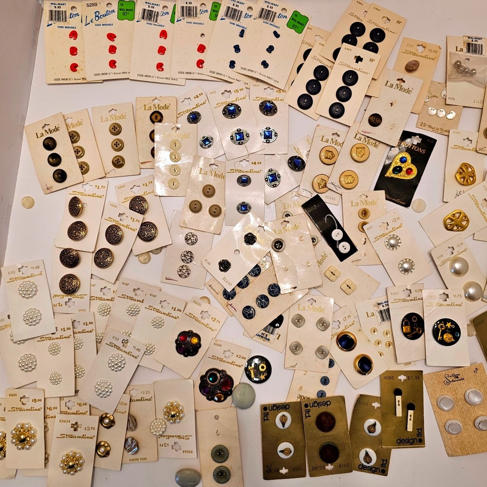 84 Vintage Button Cards Lot Streamline La Mode LeBouton Novelty Pearl Rhinestone